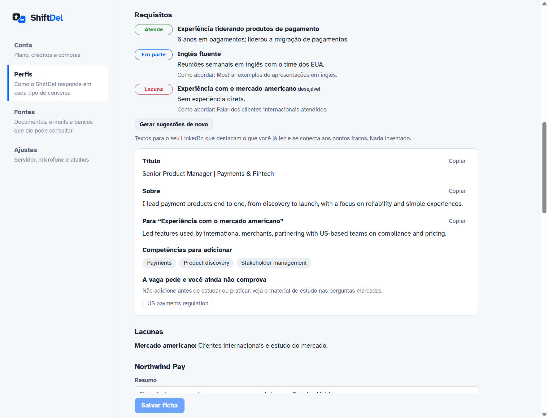 Ficha de preparação da vaga no ShiftDel, com requisitos e sugestões para o LinkedIn