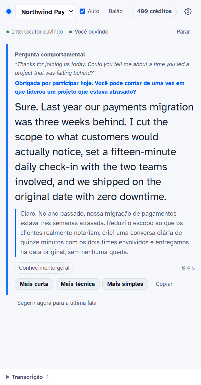 Painel do ShiftDel com a pergunta em inglês traduzida e a resposta sugerida